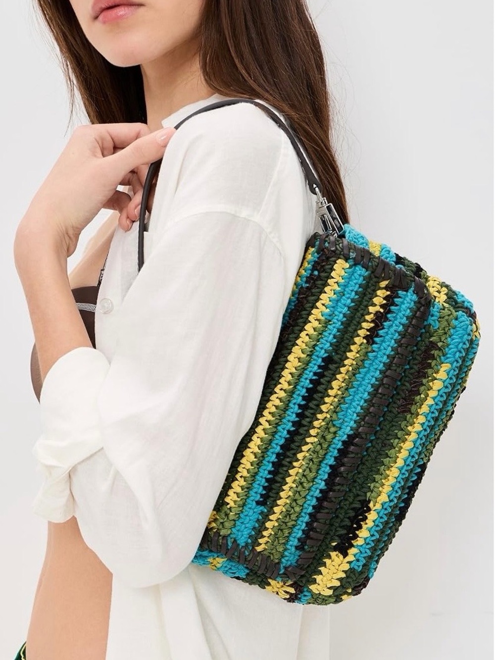 STAUD Timmy Crochet & Leather Convertible Shoulder Bag Happy Sacks Stripes NWT